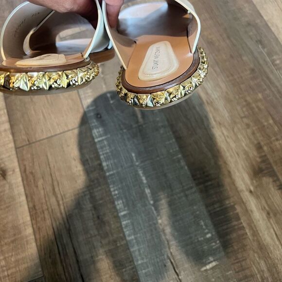Stuart Weitzman White Sandals with Gold Accents - Picture 6 of 14